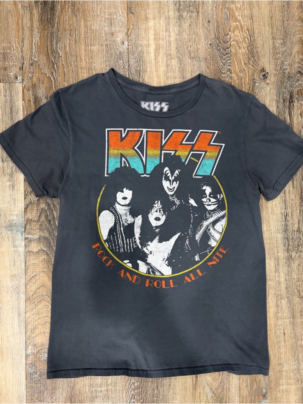 Kiss Black Tee with Retro Orange, Yellow & Teal Logo, Men’s Size Medium